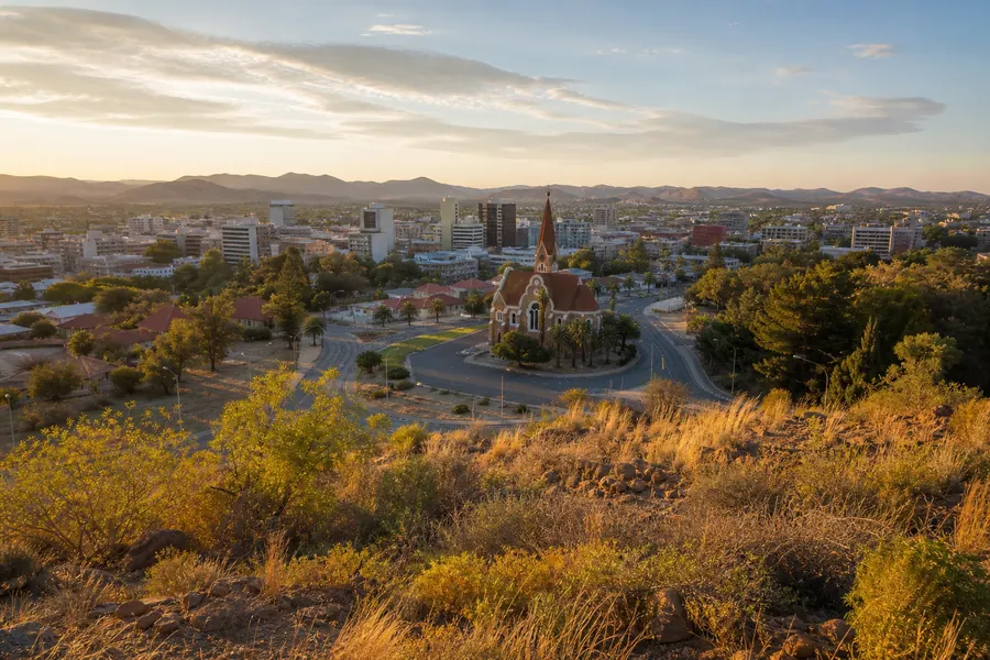 Illustration photographique : une vue éditoriale de Windhoek, Namibie. Illustration éditoriale, scène imaginaire.