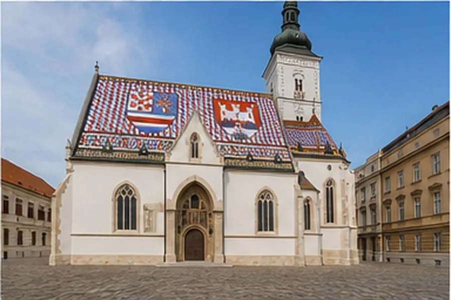 Illustration photographique : le toit coloré de l’église Saint-Marc dans la ville haute de Zagreb. Illustration éditoriale, scène imaginaire.