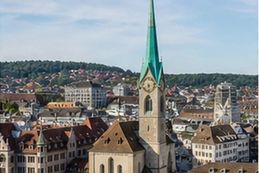 Illustration photographique : la vieille ville de Zurich et la Limmat. Illustration éditoriale, scène imaginaire.