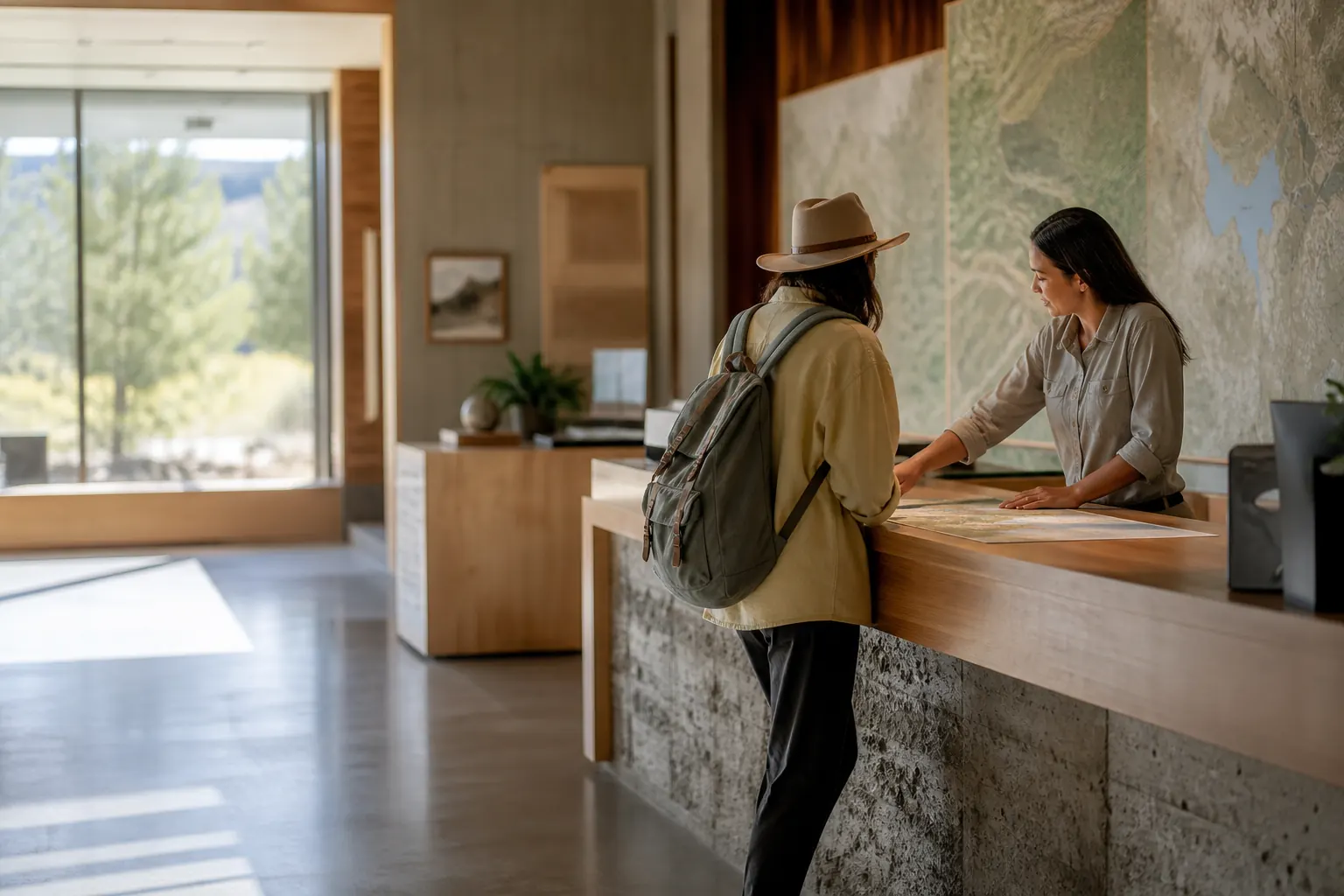 Conseillère échangeant avec une visiteuse devant une carte locale.