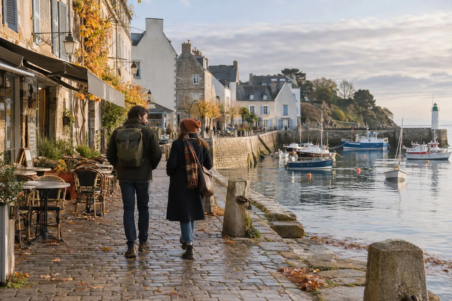 Un petit port au calme en automne, avec des voyageurs sur le quai.
