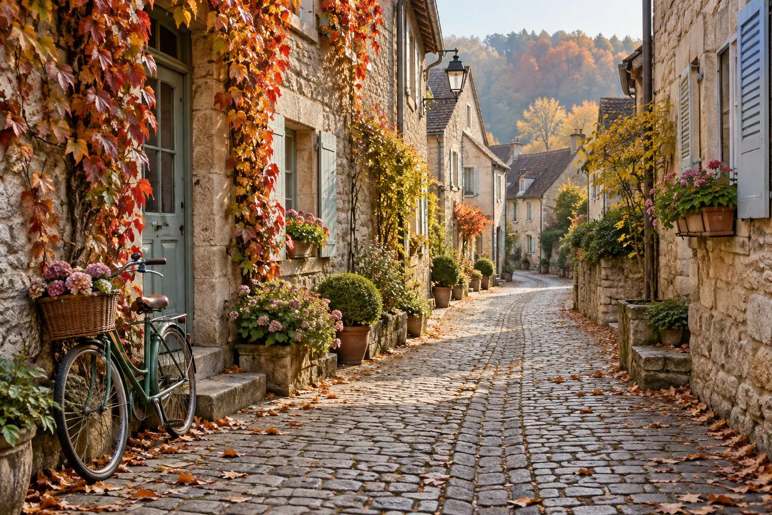 Une ruelle de village calme et fleurie par une matinée d’automne.