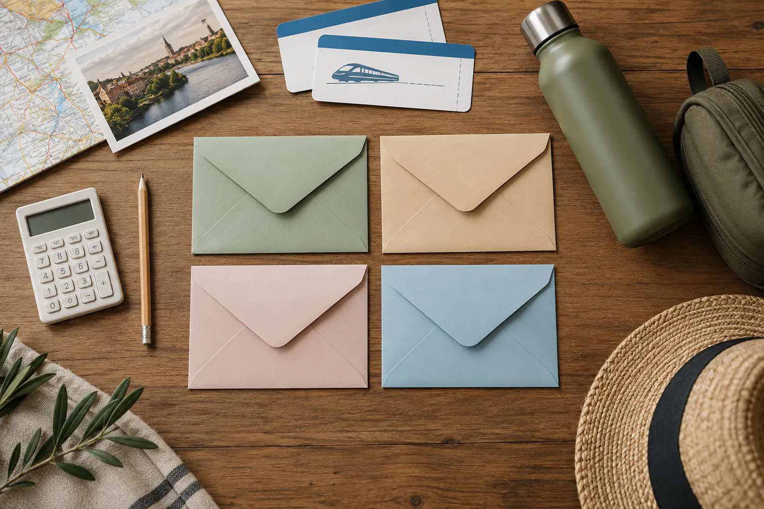 Enveloppes colorées, calculatrice et accessoires pour répartir un budget de voyage.