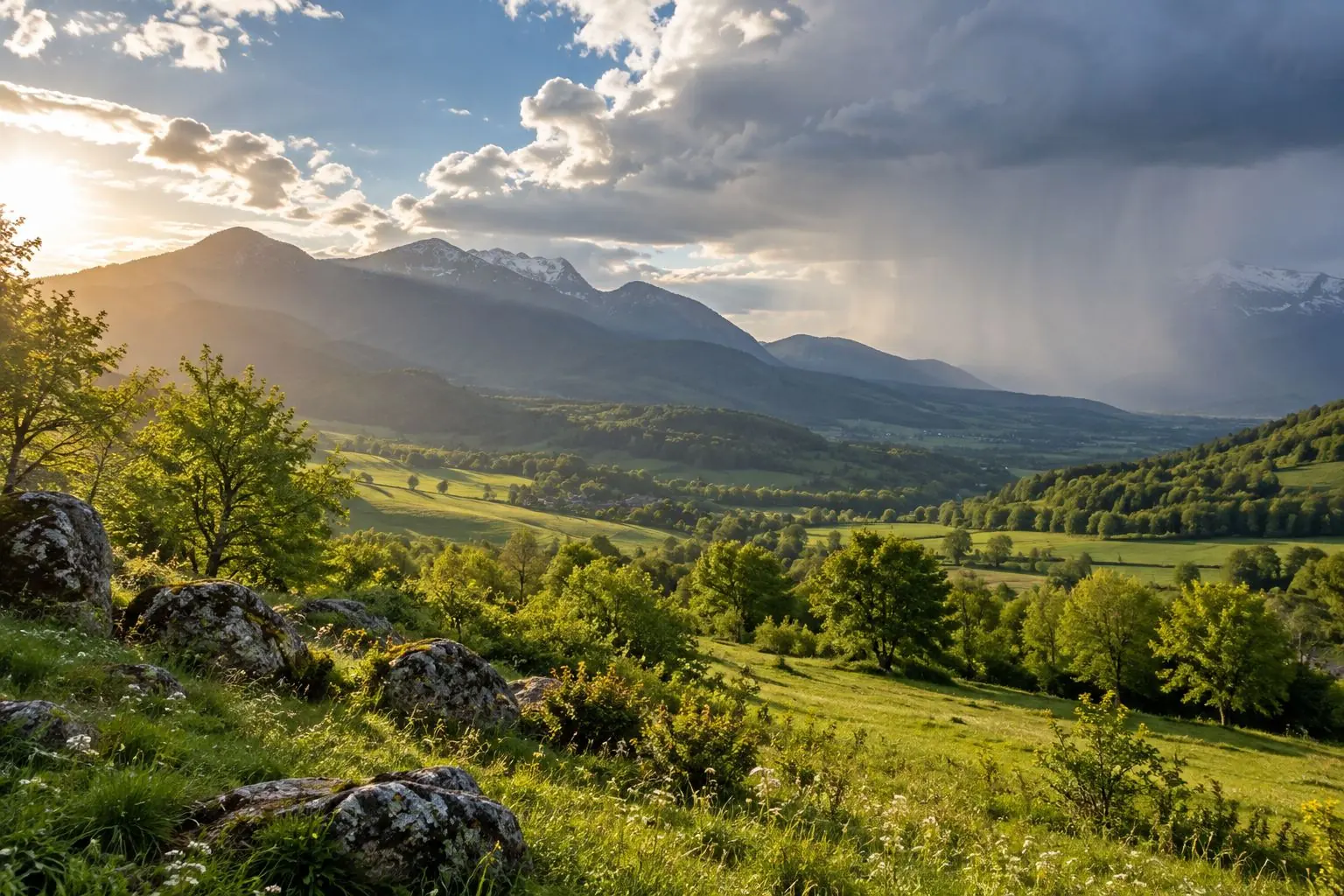 Une vallée ensoleillée avec une averse visible sur les reliefs voisins.