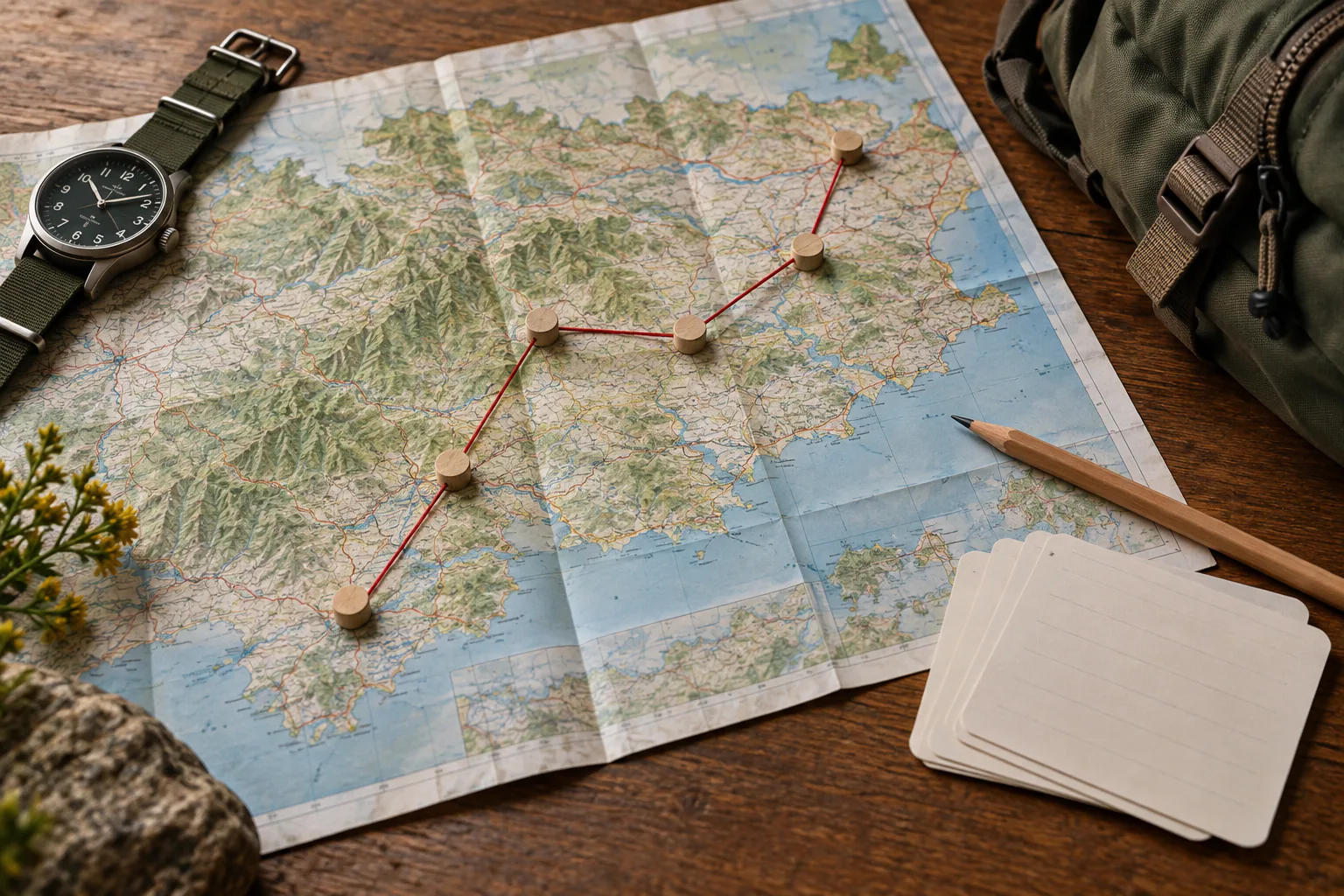 Carte régionale et repères en bois matérialisant cinq étapes de voyage.