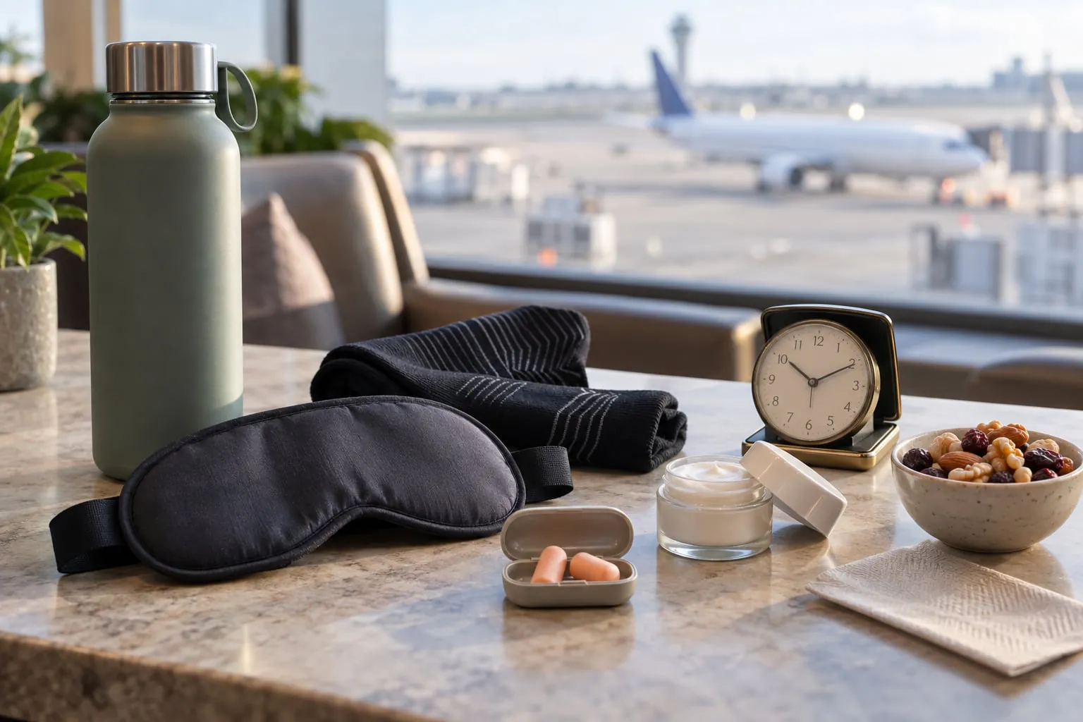 Gourde, masque, chaussettes, horloge et collation préparés dans un salon d’aéroport.