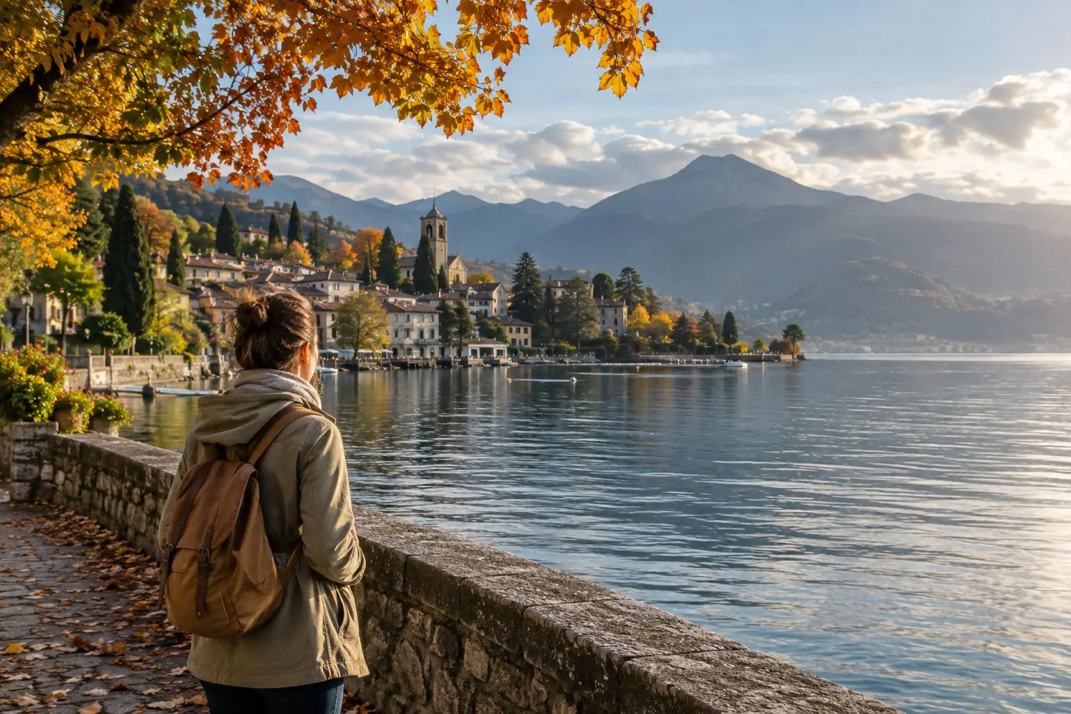 Voyageuse observant une ville au bord d’un lac sous les couleurs du début de l’automne.