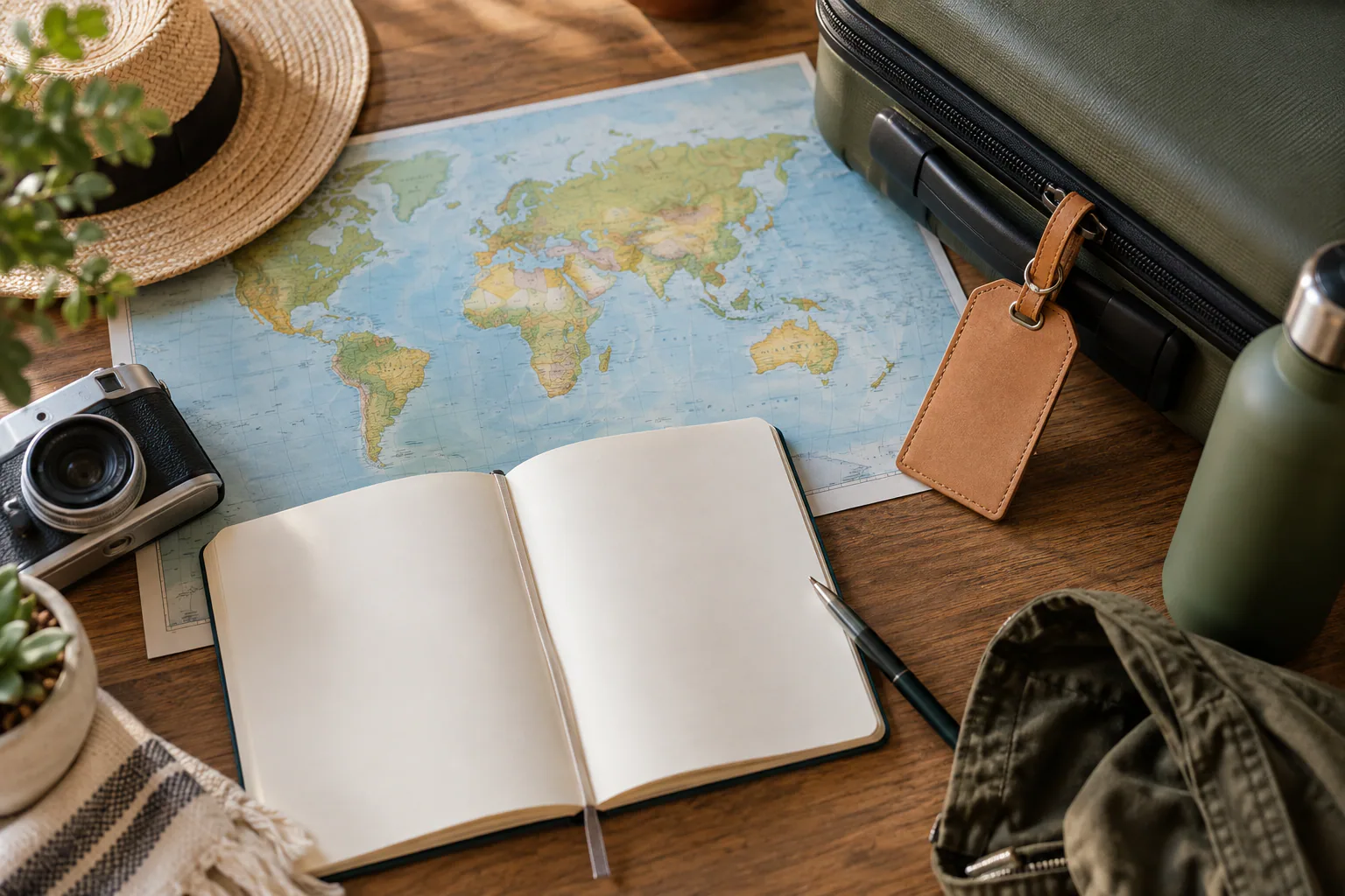 Carte du monde, carnet vierge, bagage et gourde préparés pour un premier voyage à l’étranger.