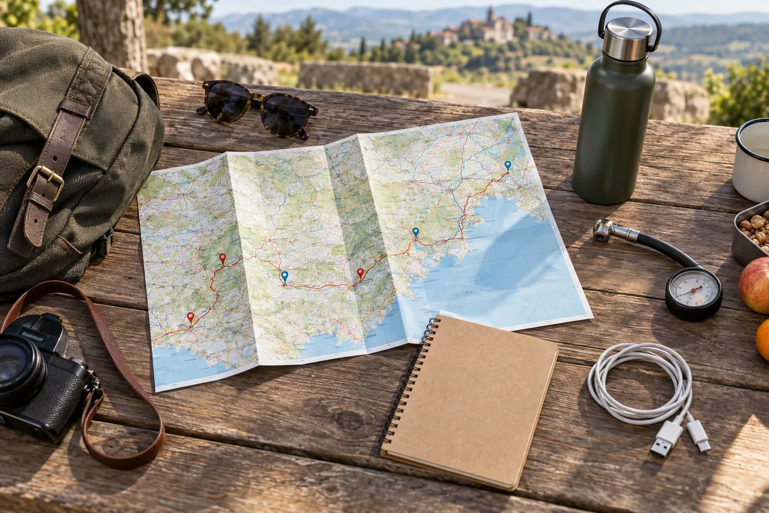Carte routière, manomètre, gourde et carnet préparés pour un road trip.