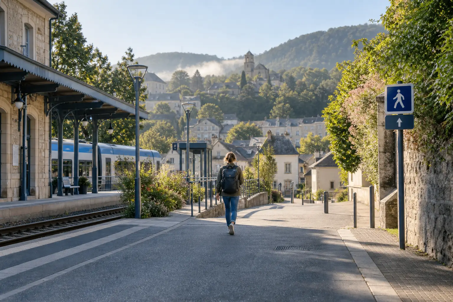 Voyageuse quittant à pied une petite gare régionale en direction du centre-ville.