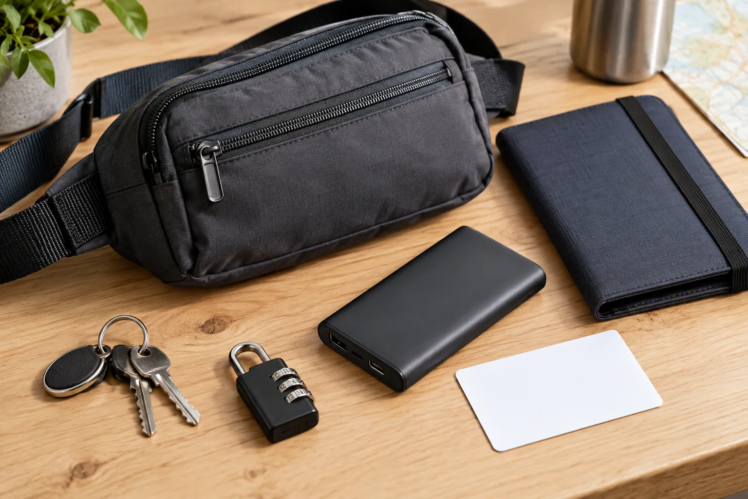 Pochette, batterie externe, carte vierge et petit cadenas préparés pour un voyage.