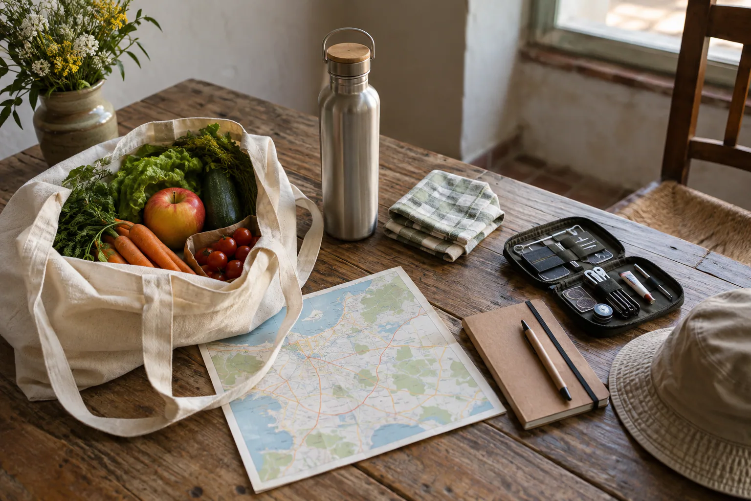 Gourde, sac en tissu, produits locaux et kit de réparation réunis sur une table.