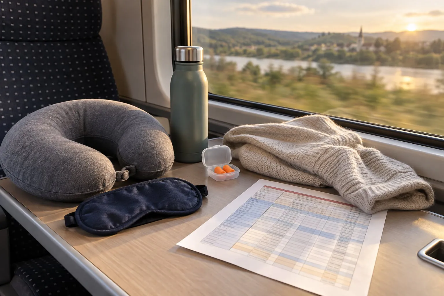 Masque de sommeil, coussin, gourde et vêtement chaud préparés près d’une fenêtre de train.