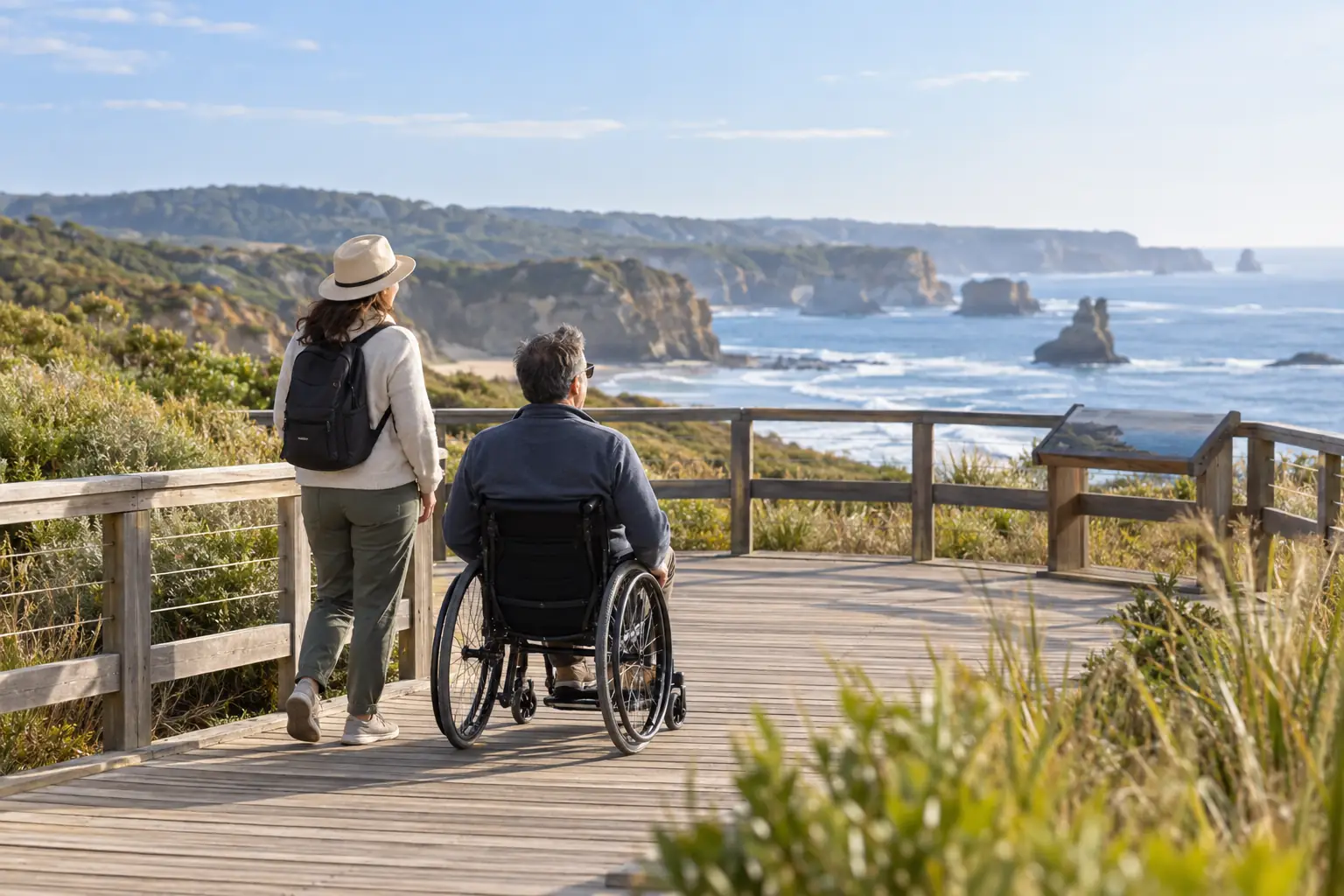 Voyageur en fauteuil roulant et accompagnante sur une passerelle littorale accessible.