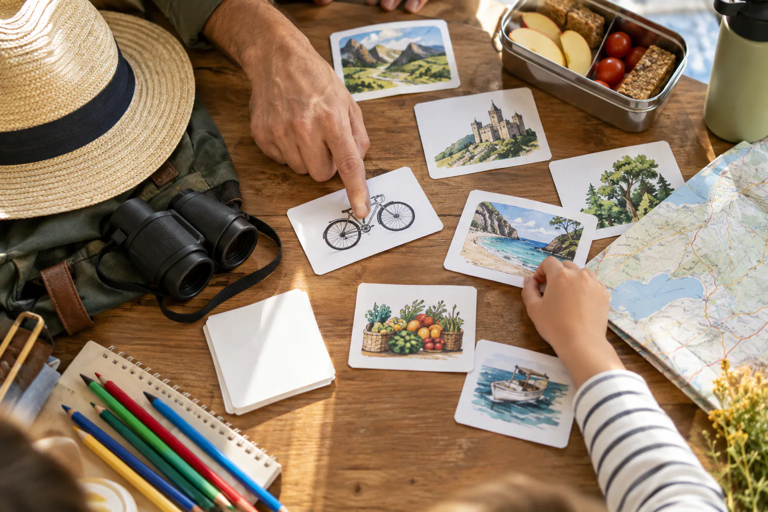 Parent et enfant choisissant ensemble des activités de voyage illustrées.