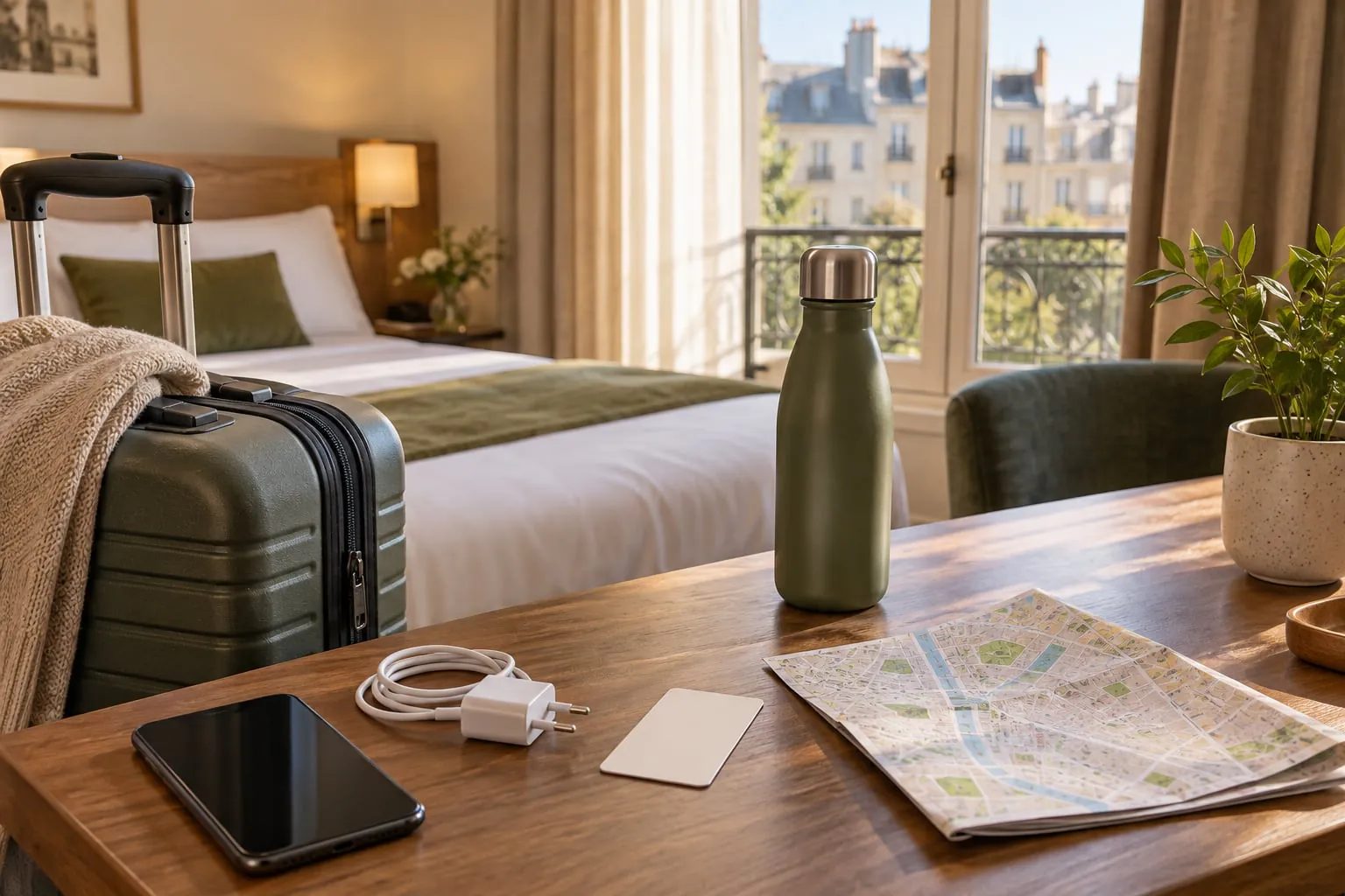 Bagage, téléphone, chargeur, gourde et carte préparés dans une chambre pour un voyage en solo.