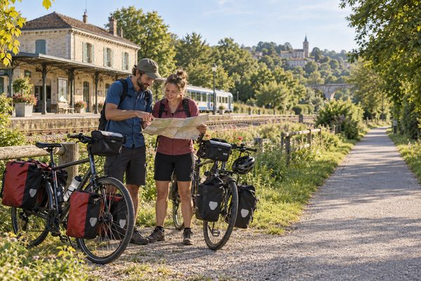 Deux voyageurs consultent une carte avec leurs vélos chargés près d’une gare de campagne.
