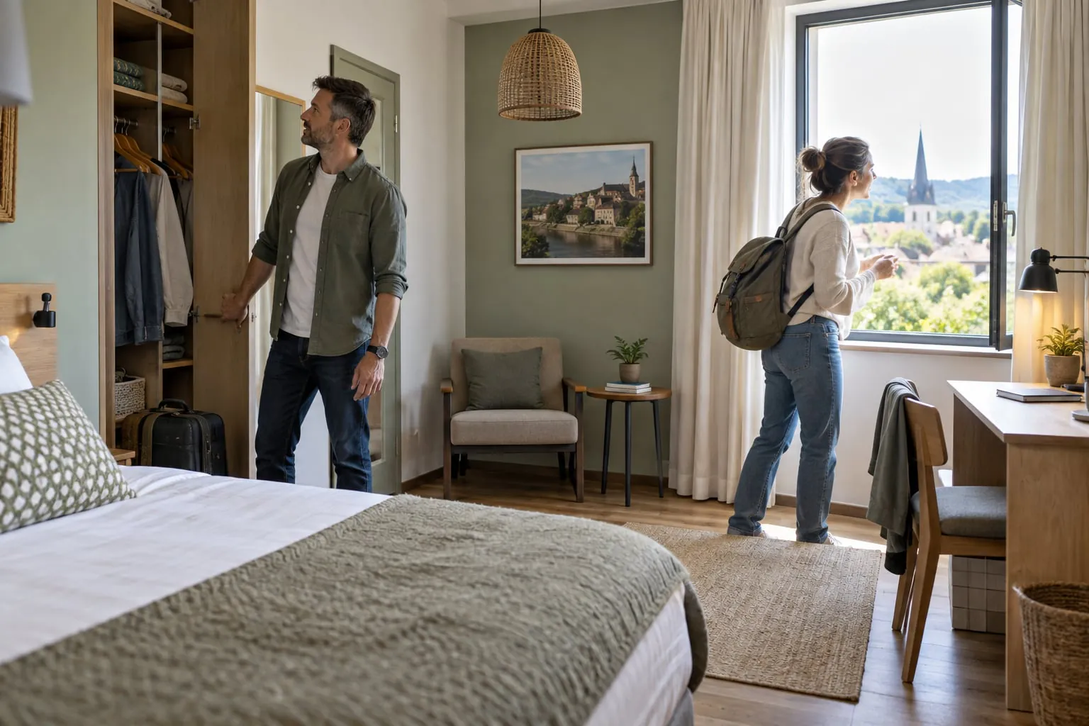 Deux voyageurs vérifiant l’espace, les rangements et la fenêtre d’une chambre.