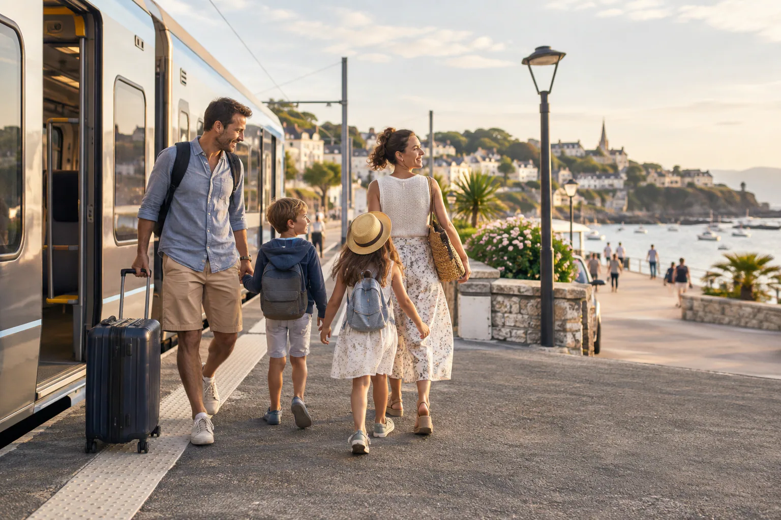 Famille avec deux enfants arrivant en train dans une destination côtière.