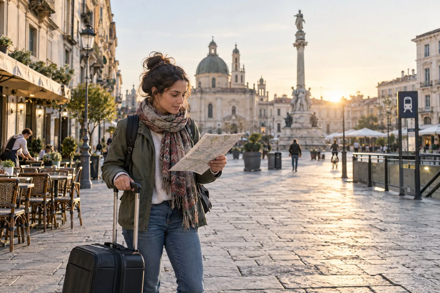 Voyageuse seule consultant une carte sur une place urbaine au lever du jour.
