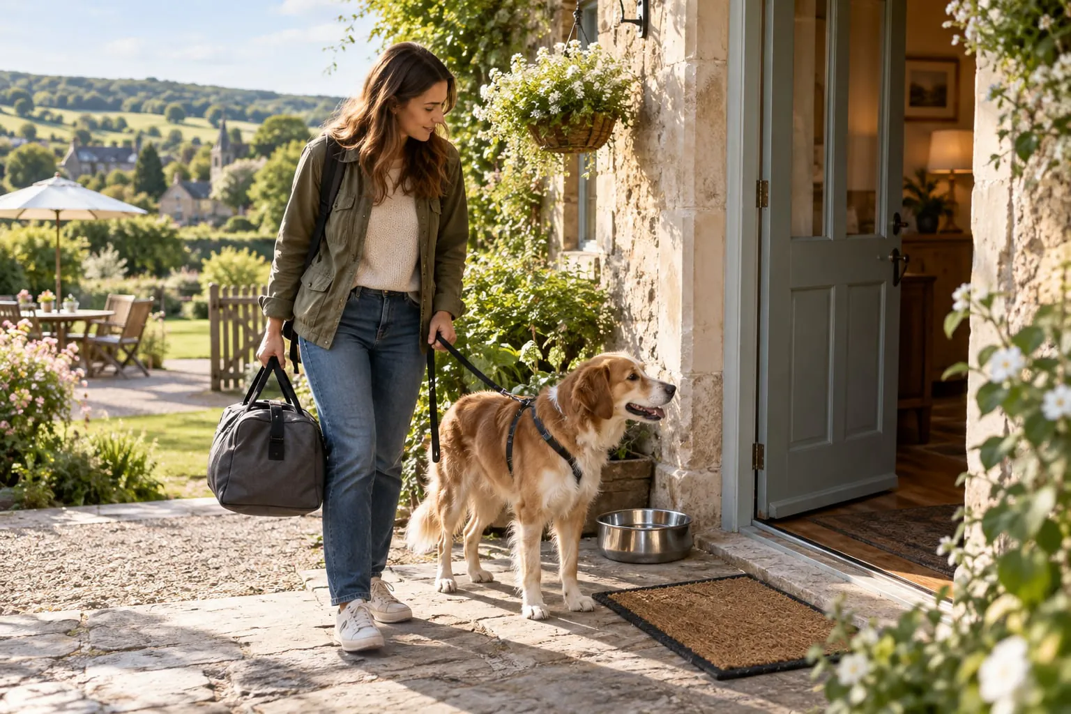 Voyageuse arrivant avec son chien dans un hébergement rural.