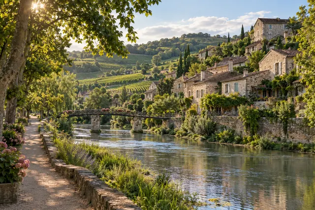 Village français imaginaire au bord d’une rivière, entre collines et vignobles. Illustration éditoriale.