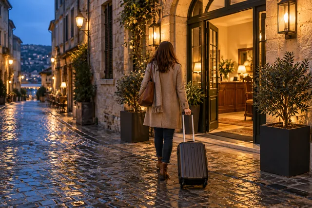 Voyageuse avec une valise arrivant à la porte éclairée d’un hôtel imaginaire le soir. Illustration éditoriale.