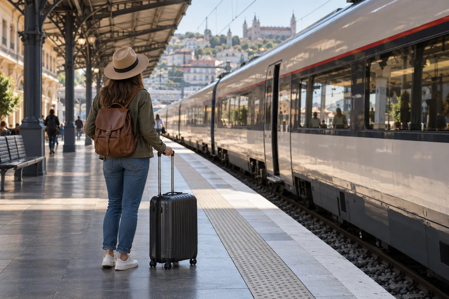 Voyageur avec une valise sur un quai avant le départ d’un train. Illustration éditoriale.