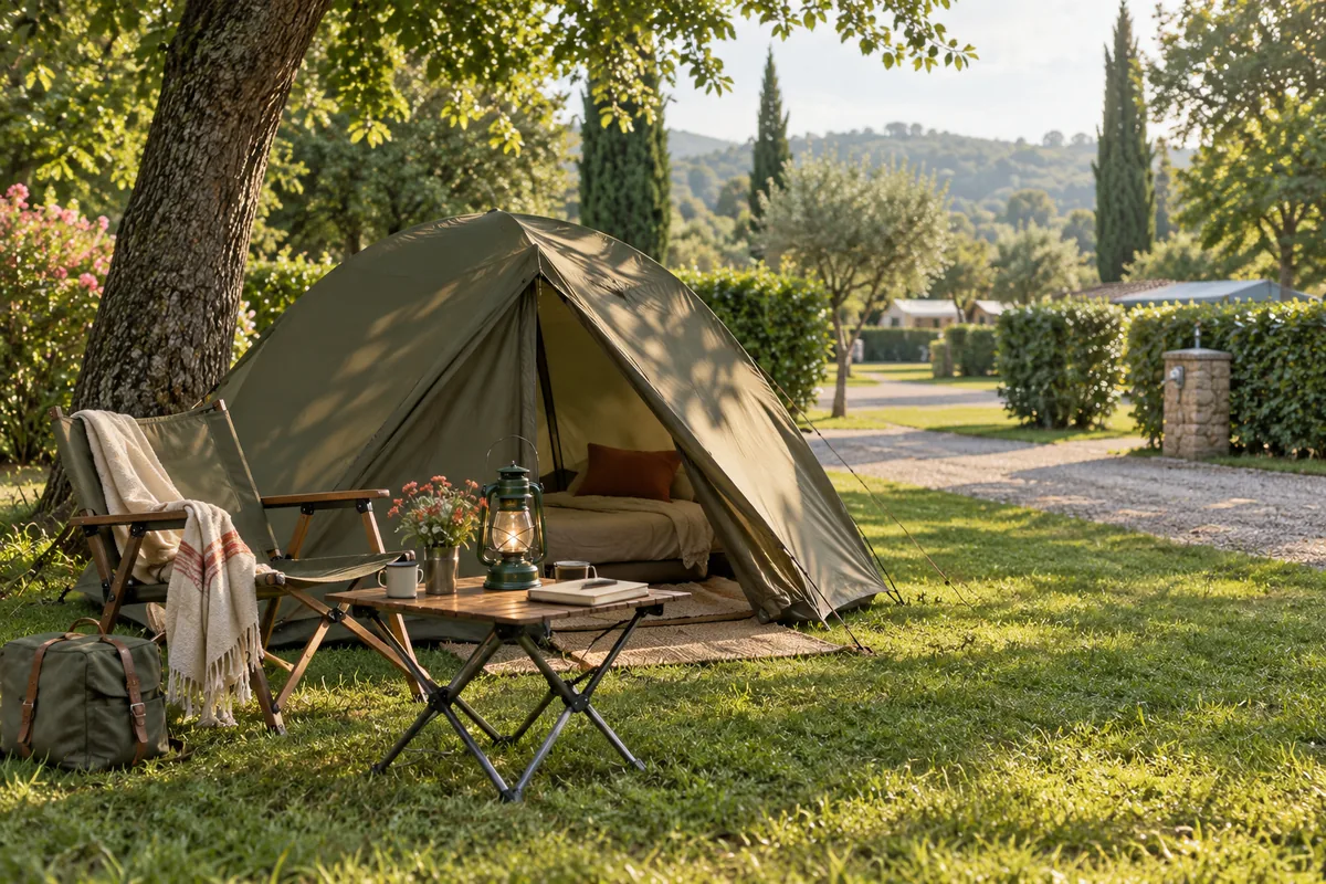 Tente et mobilier de camping sur un emplacement aménagé imaginaire. Illustration générée.
