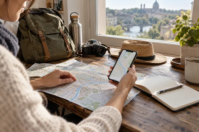 Préparation d’un plan papier, d’un carnet et d’une carte sur téléphone avant le voyage. Illustration éditoriale.