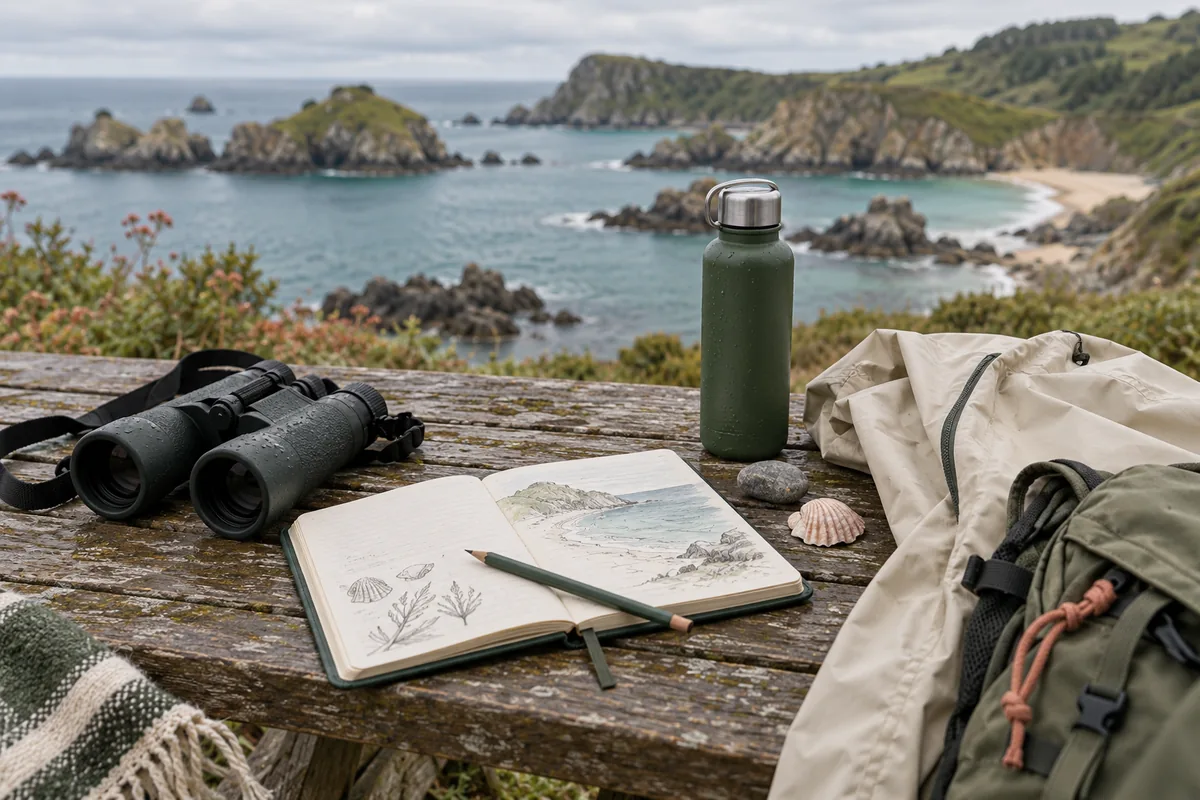 Jumelles, carnet et équipement de promenade près d’une baie imaginaire. Illustration générée.