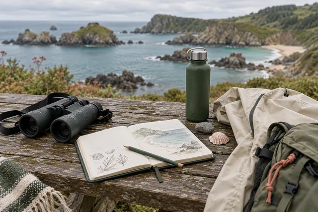 Jumelles, carnet et équipement de promenade près d’une baie imaginaire. Illustration générée.