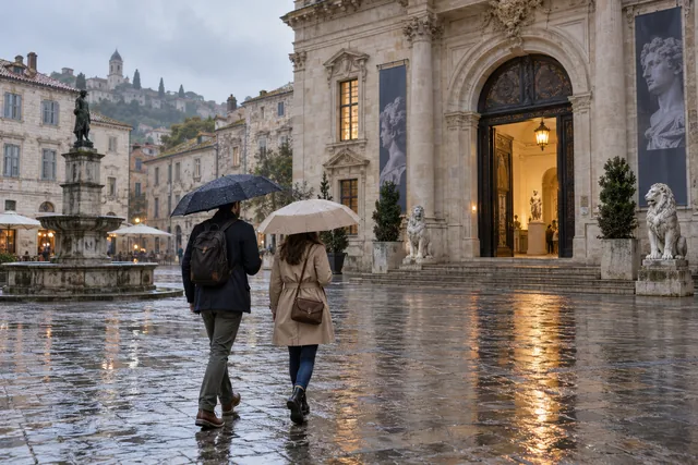 Visiteurs avec des parapluies se dirigeant vers un musée imaginaire sous la pluie. Illustration éditoriale.