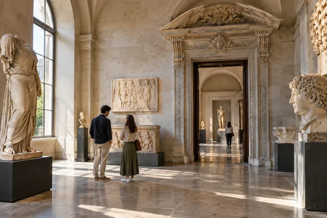 Visiteurs dans une galerie de musée imaginaire éclairée par la lumière naturelle. Illustration éditoriale.