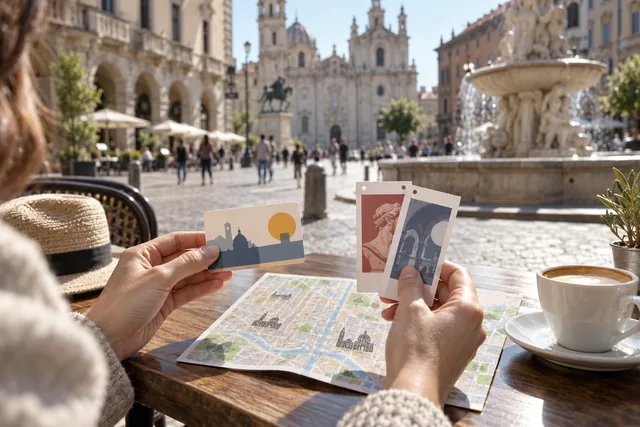 Comparaison d’une carte touristique, de billets et d’un plan sur une table de café. Illustration éditoriale.