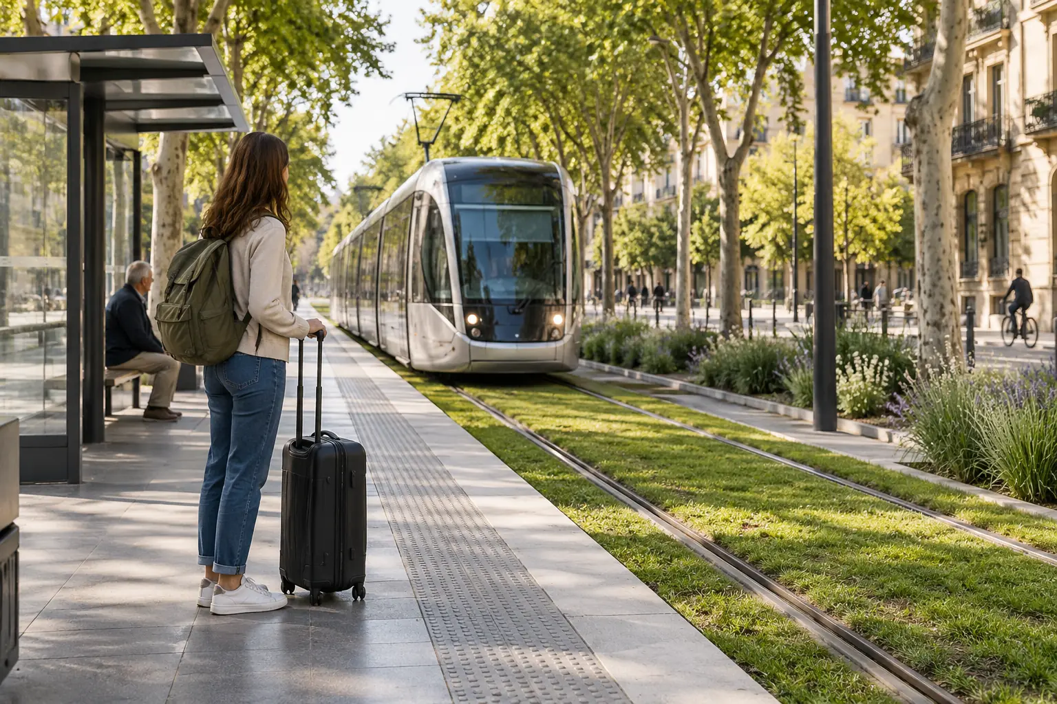 Voyageuse attendant un tramway sur un quai dans une ville imaginaire. Illustration éditoriale.