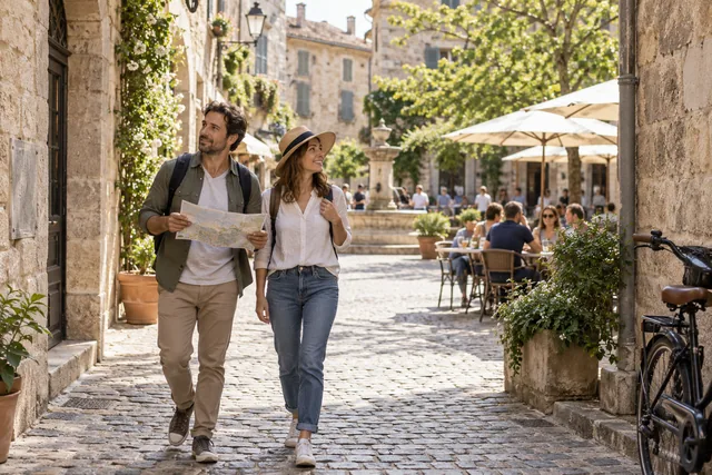 Deux voyageurs avec une carte découvrant une rue et une place historiques imaginaires. Illustration éditoriale.
