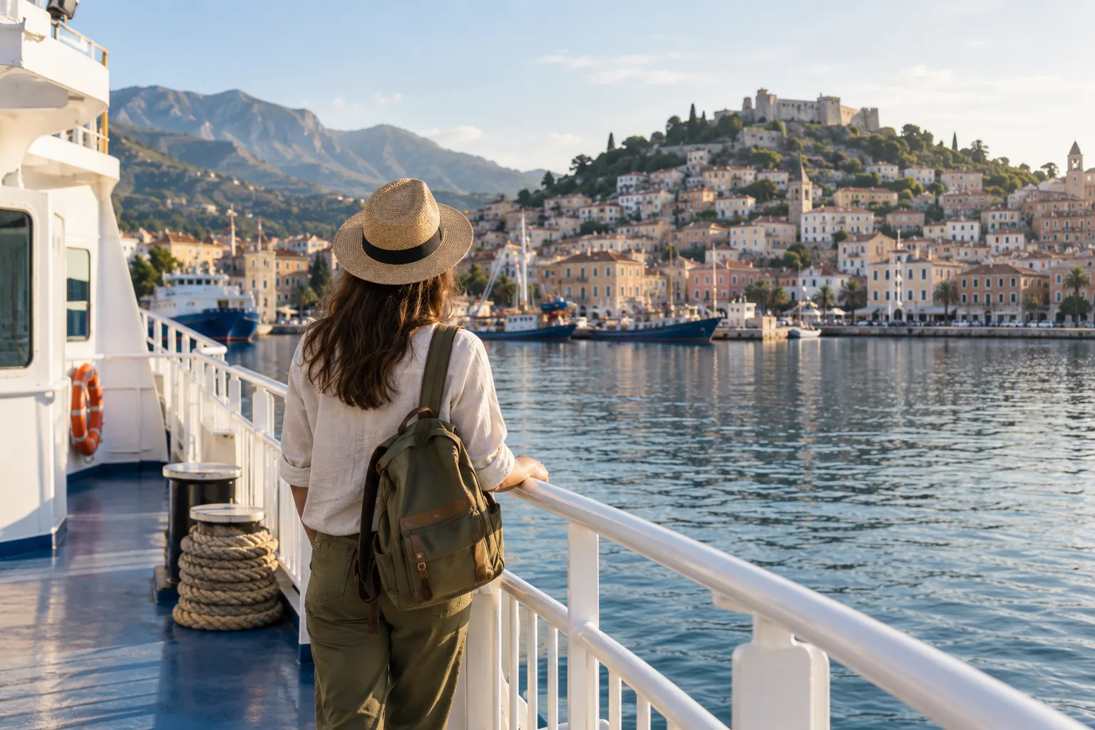 Voyageuse sur un ferry approchant un port imaginaire à la lumière du matin. Illustration éditoriale.