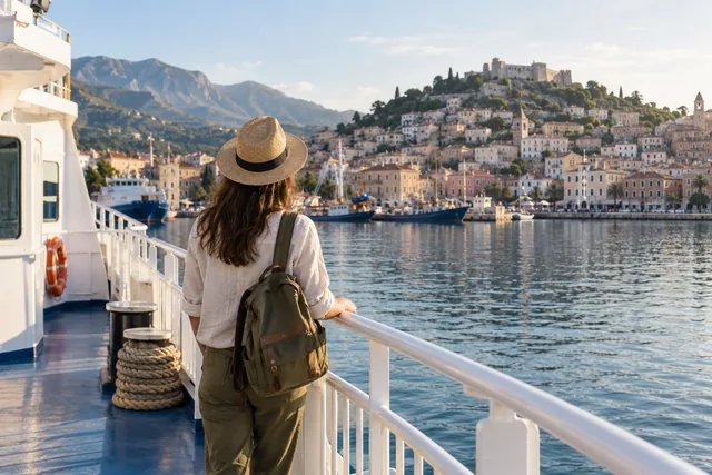 Voyageuse sur un ferry approchant un port imaginaire à la lumière du matin. Illustration éditoriale.
