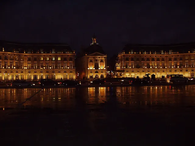 La place de la Bourse à Bordeaux, photographiée de nuit.